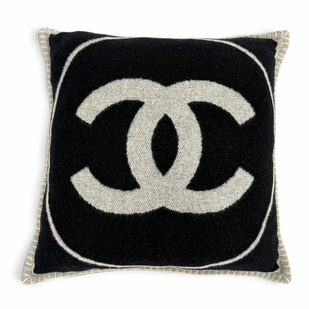CHANEL 18V Wool Cashmere Blend Coco Mark Cushion, Black/Gray, Made in England...